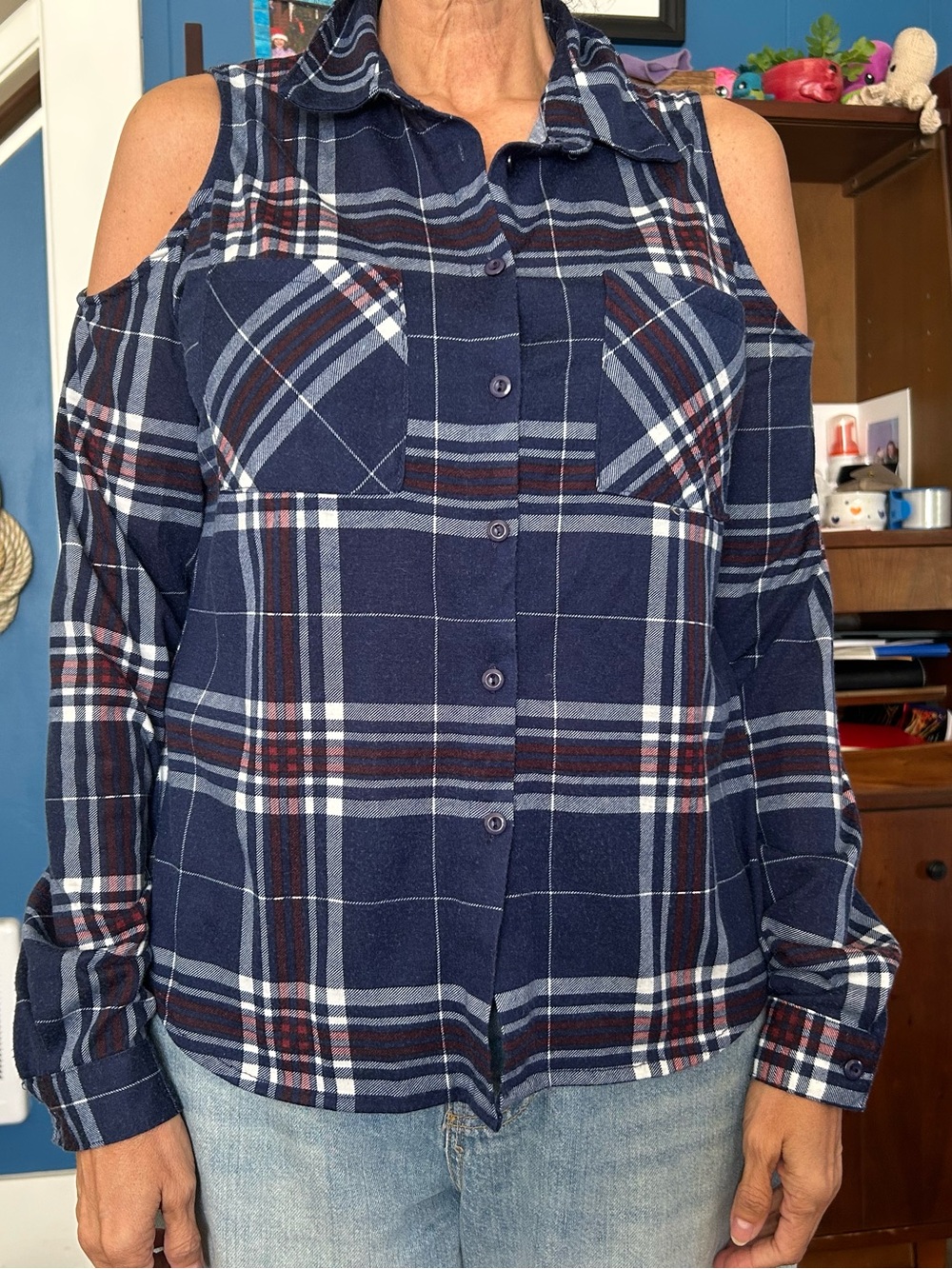 Rue21 Navy Plaid Button Down Cold-Shoulder Shirt